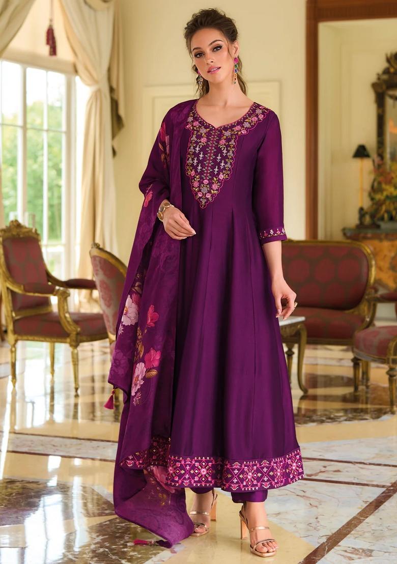Purple Embroidered Silk Blend Kurta Set - Indya