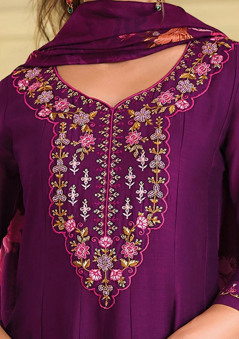 Purple Embroidered Silk Blend Kurta Set - Indya