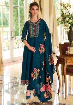 Teal Embroidered Silk Blend Kurta Set
