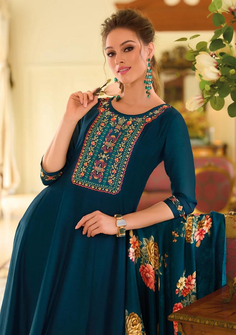 Teal Embroidered Silk Blend Kurta Set - Indya