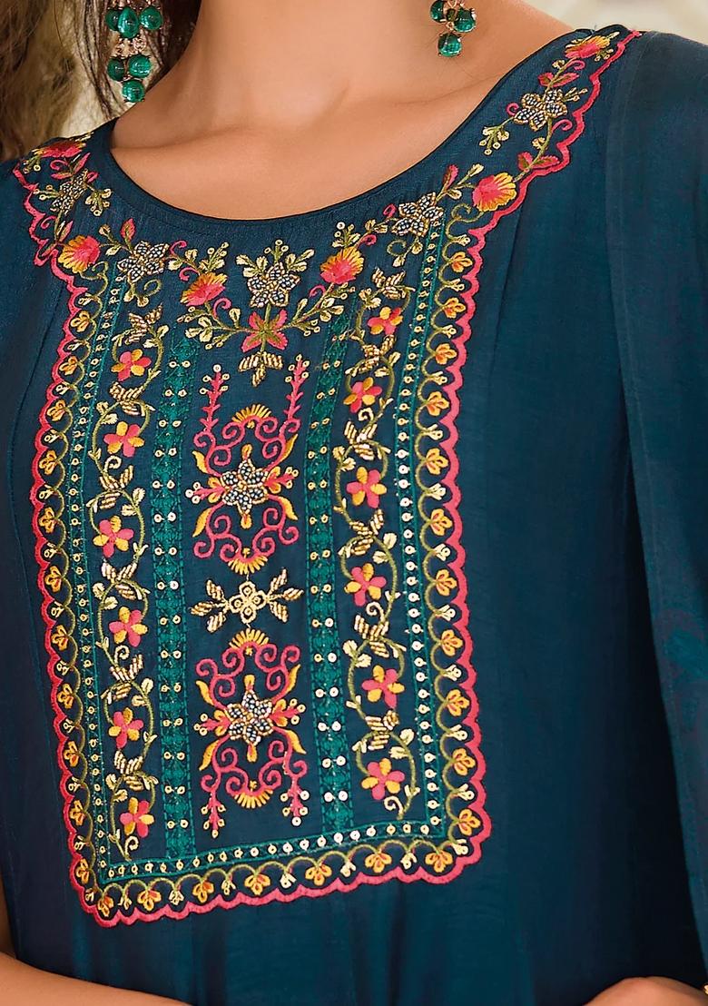 Teal Embroidered Silk Blend Kurta Set - Indya