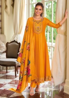 Yellow Embroidered Silk Blend Kurta Set