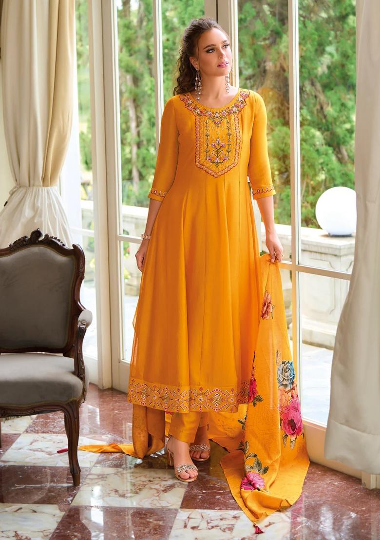 Yellow Embroidered Silk Blend Kurta Set - Indya