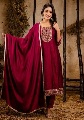 Maroon Embroidered Silk Blend Kurta Set