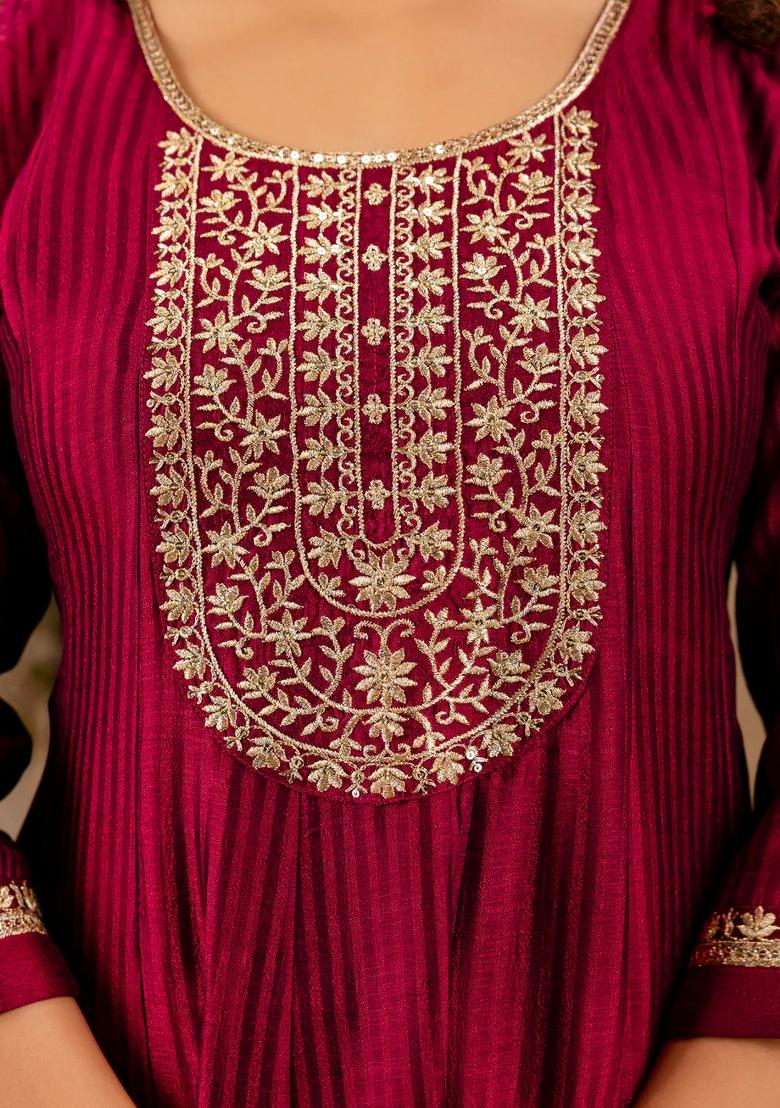 Maroon Embroidered Silk Blend Kurta Set - Indya