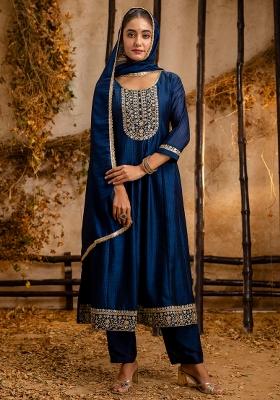 Blue Embroidered Silk Blend Kurta Set