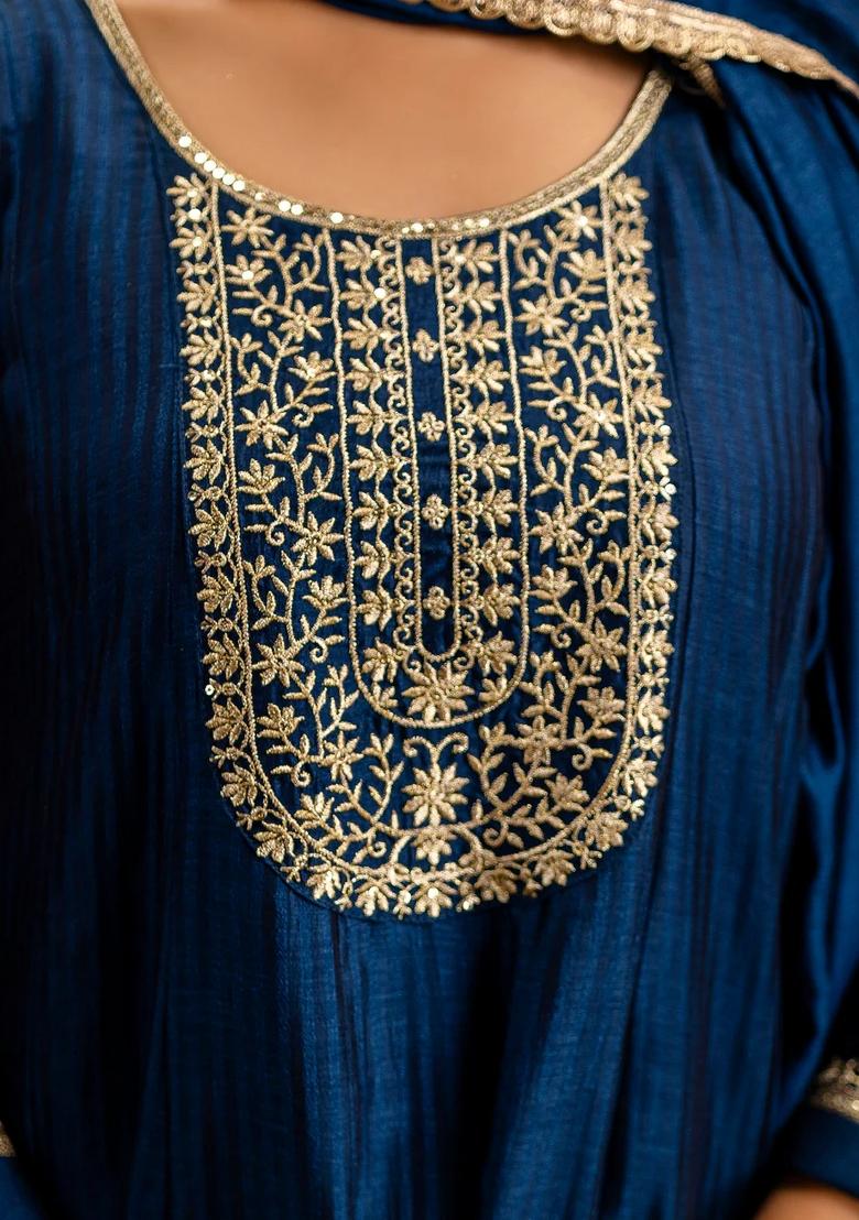 Blue Embroidered Silk Blend Kurta Set - Indya