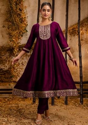 Purple Embroidered Silk Blend Kurta Set