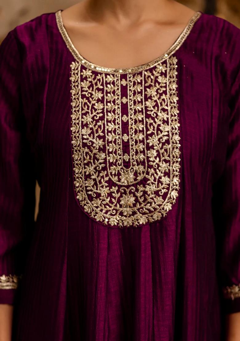 Purple Embroidered Silk Blend Kurta Set - Indya