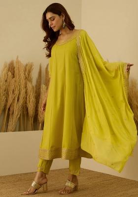 Green Embroidered Viscose Kurta Set