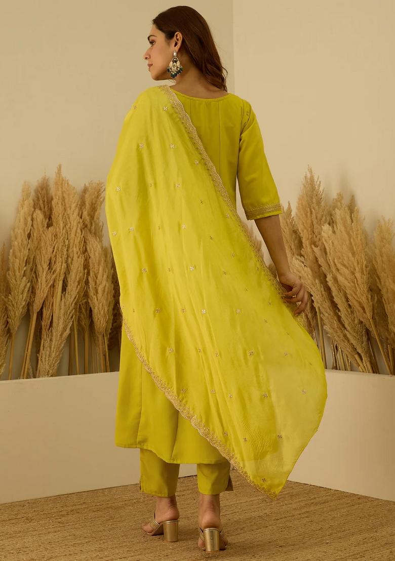 Green Embroidered Viscose Kurta Set - Indya