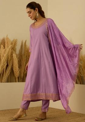 Purple Embroidered Viscose Kurta Set