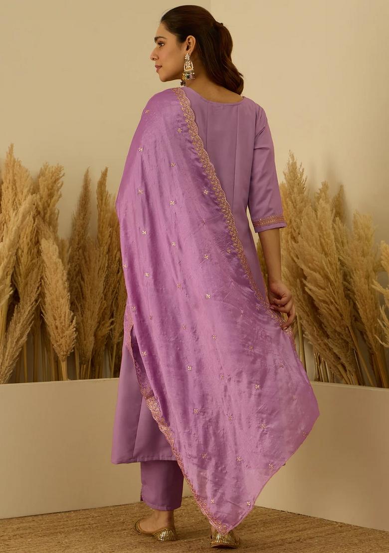 Purple Embroidered Viscose Kurta Set - Indya