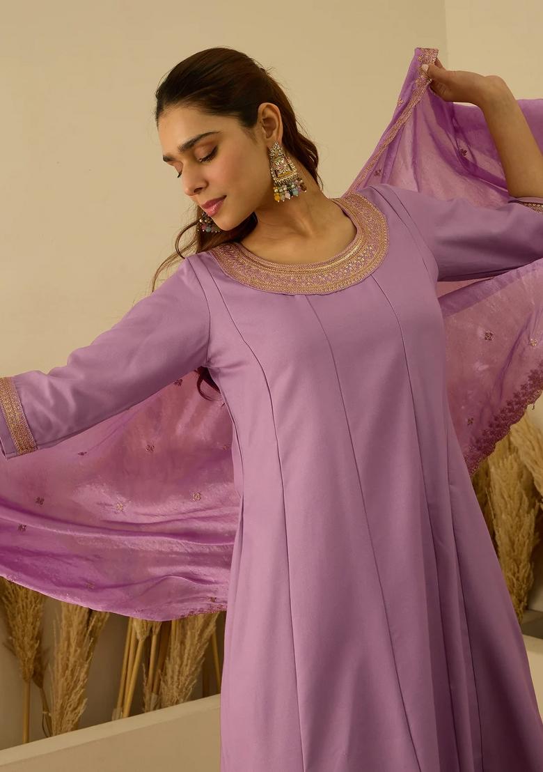 Purple Embroidered Viscose Kurta Set - Indya