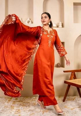 Orange Embroidered Silk Blend Kurta Set