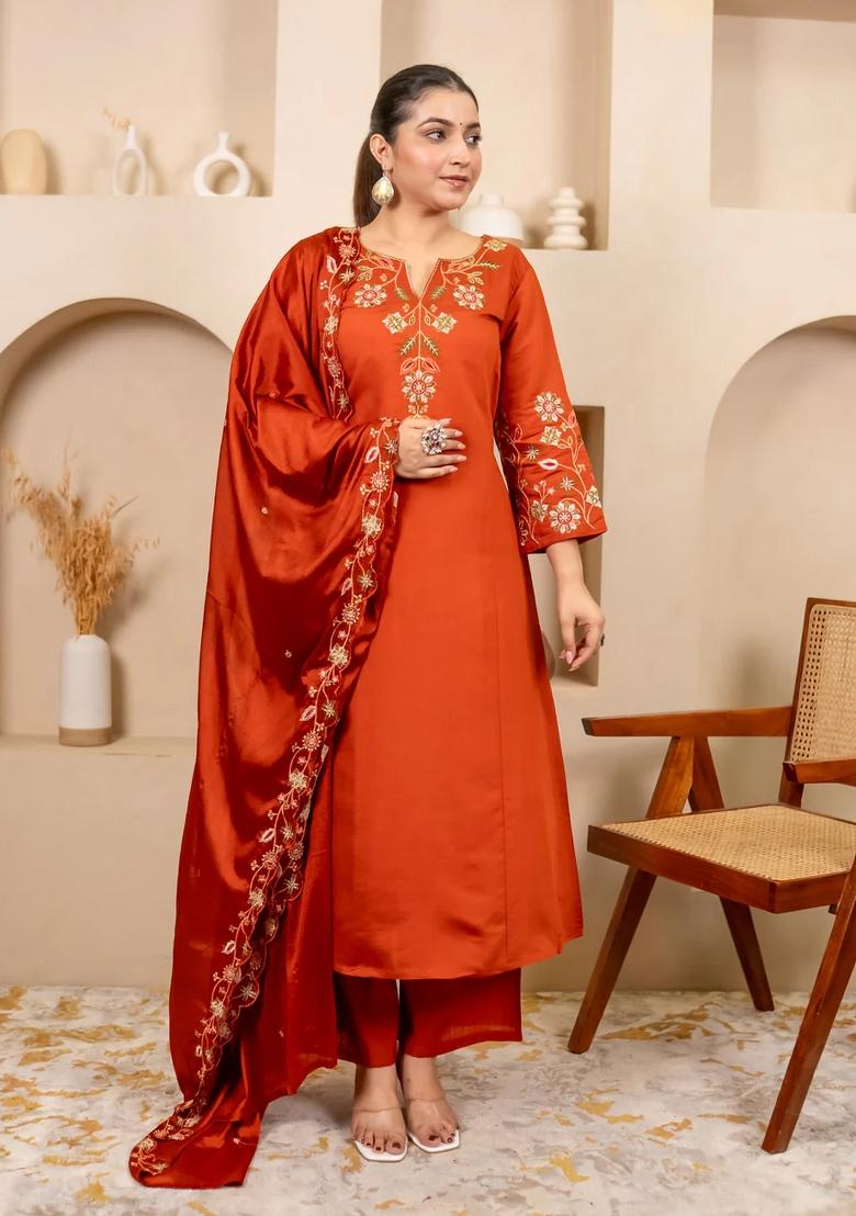 Orange Embroidered Silk Blend Kurta Set - Indya