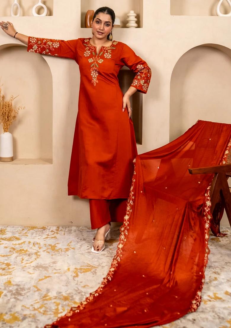 Orange Embroidered Silk Blend Kurta Set - Indya