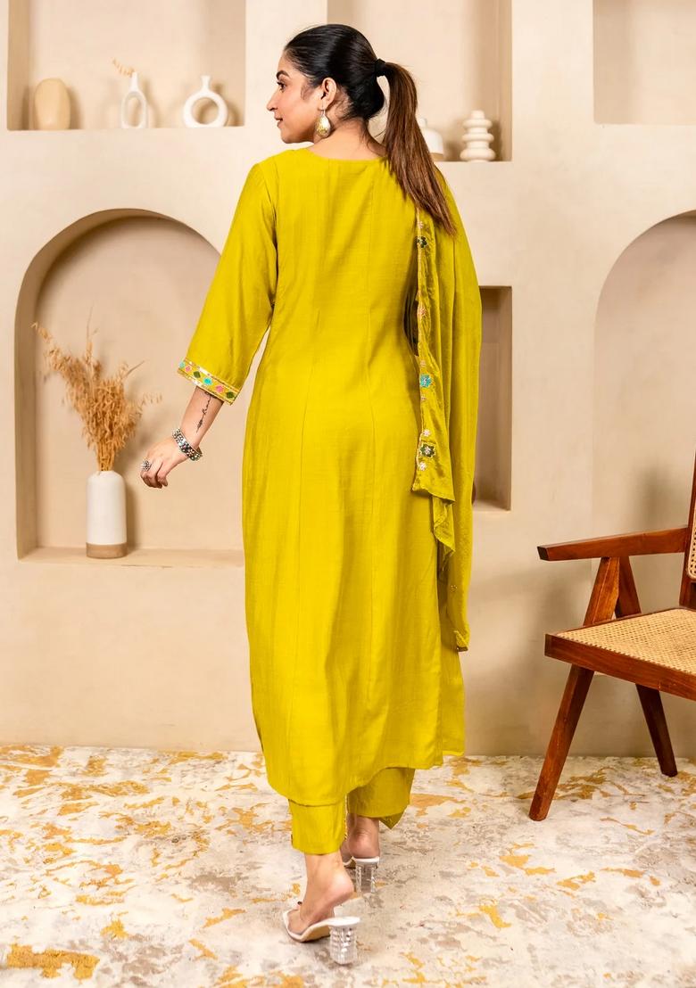 Yellow Embroidered Viscose Kurta Set - Indya