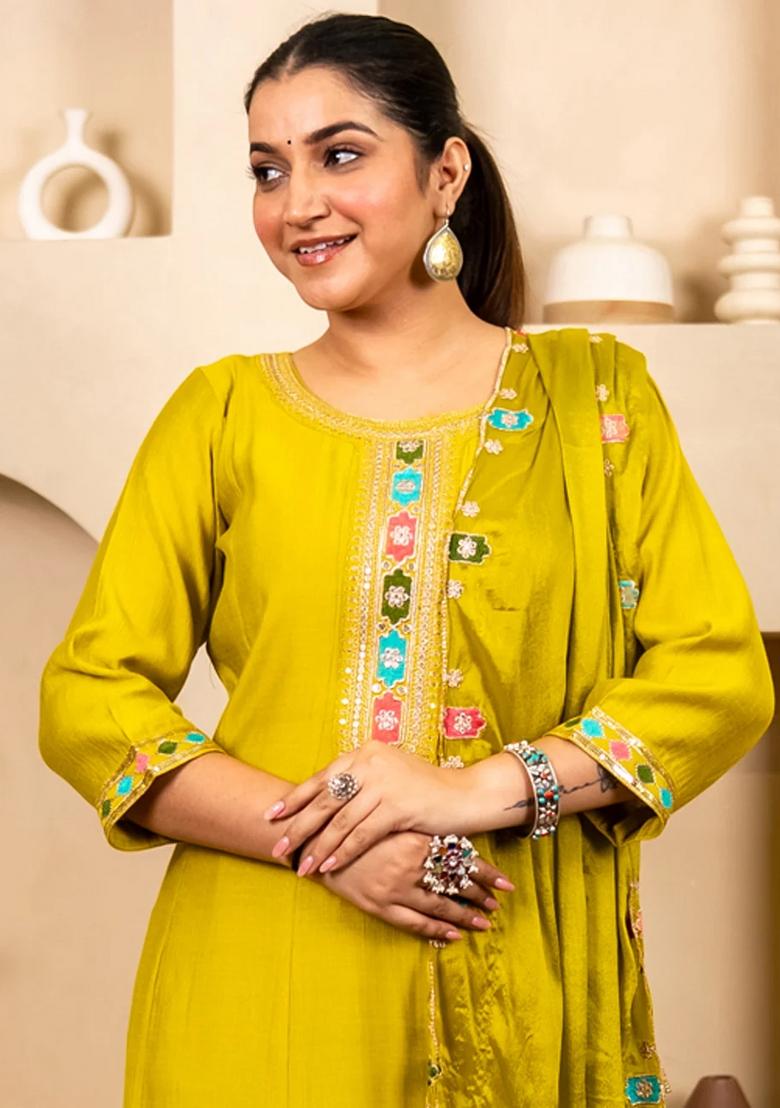Yellow Embroidered Viscose Kurta Set - Indya