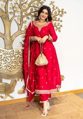 Red Embroidered Silk Blend Kurta Set