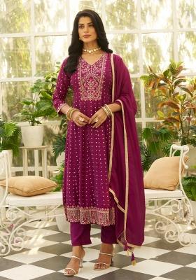 Purple Embroidered Silk Blend Kurta Set