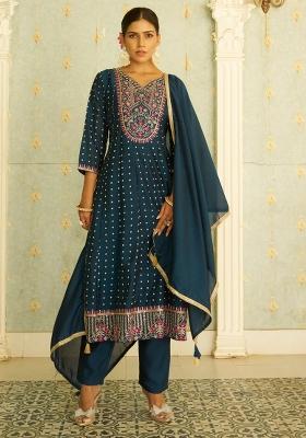 Blue Embroidered Silk Blend Kurta Set