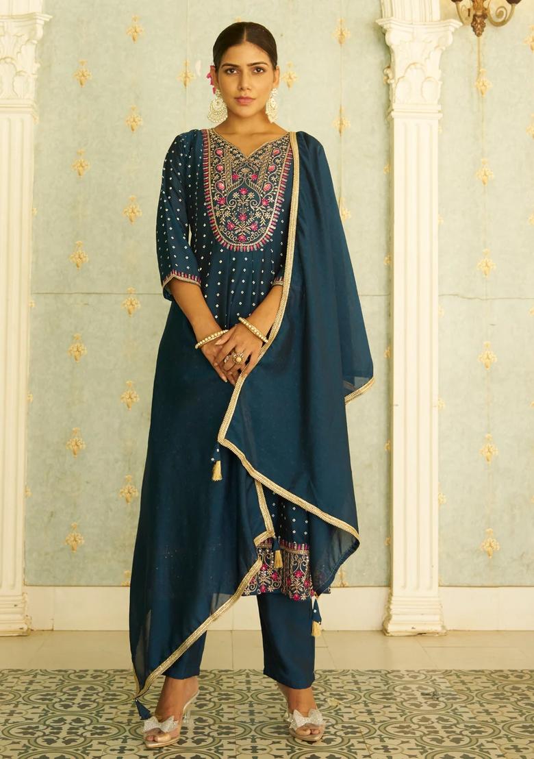 Blue Embroidered Silk Blend Kurta Set - Indya