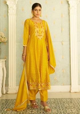 Yellow Embroidered Silk Blend Kurta Set