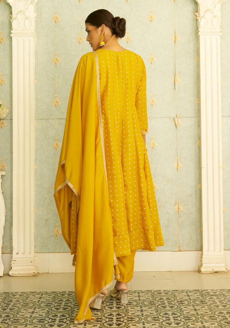 Yellow Embroidered Silk Blend Kurta Set - Indya