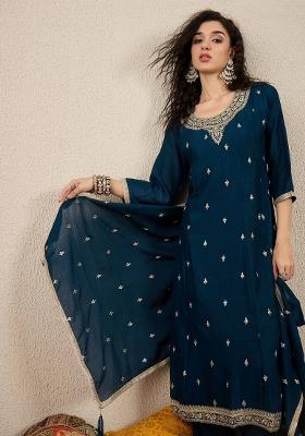 Blue Embroidered Silk Blend Kurta Set