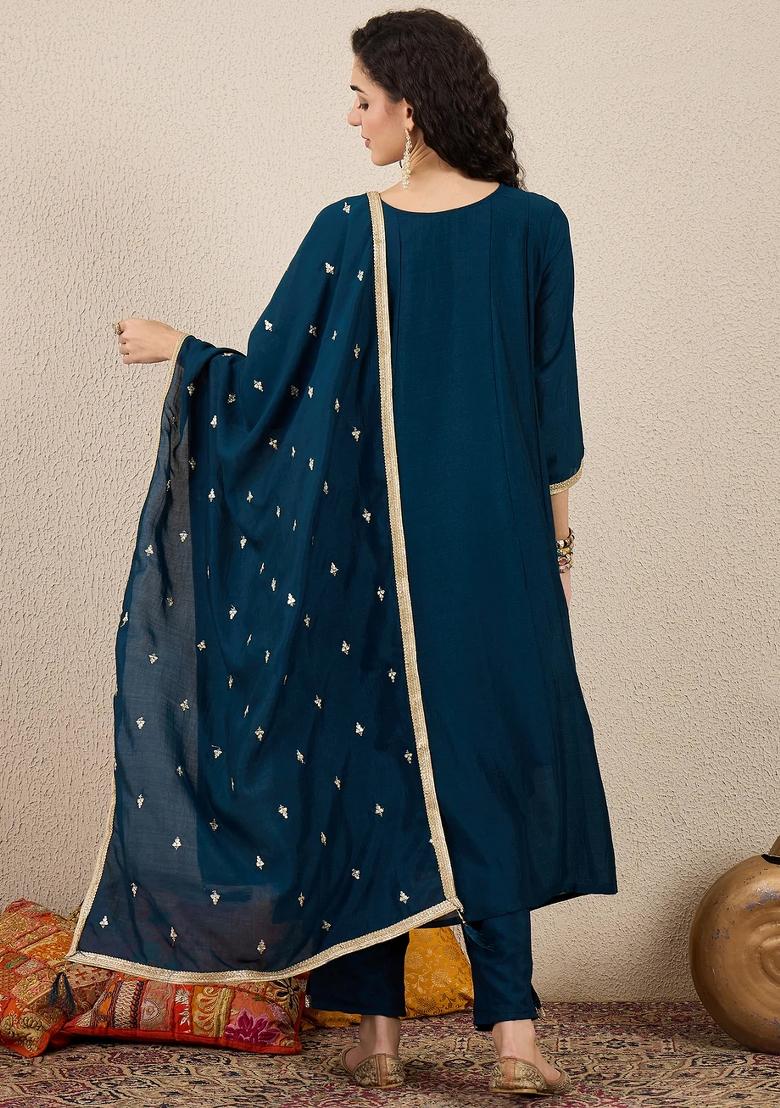 Blue Embroidered Silk Blend Kurta Set - Indya