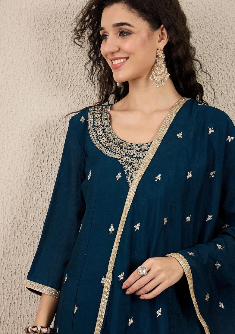 Blue Embroidered Silk Blend Kurta Set - Indya
