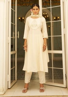 Cream Embroidered Silk Blend Kurta Set