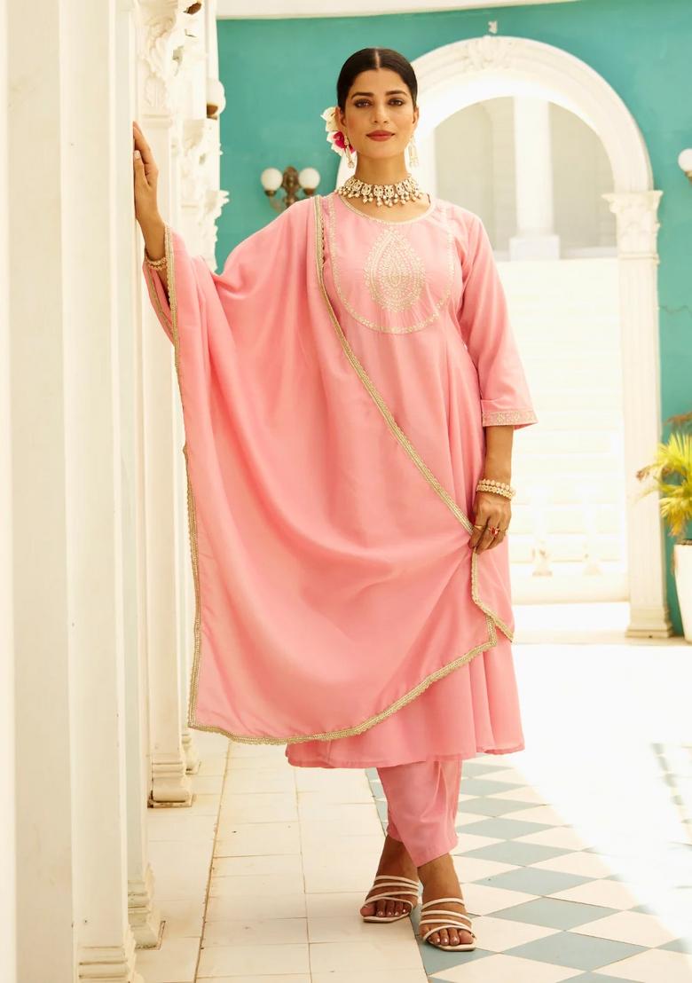 Pink Embroidered Silk Blend Kurta Set - Indya