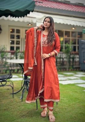 Rust Embroidered Silk Blend Kurta Set