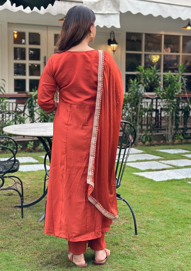 Rust Embroidered Silk Blend Kurta Set - Indya