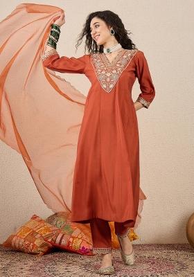 Orange Embroidered Silk Blend Kurta Set