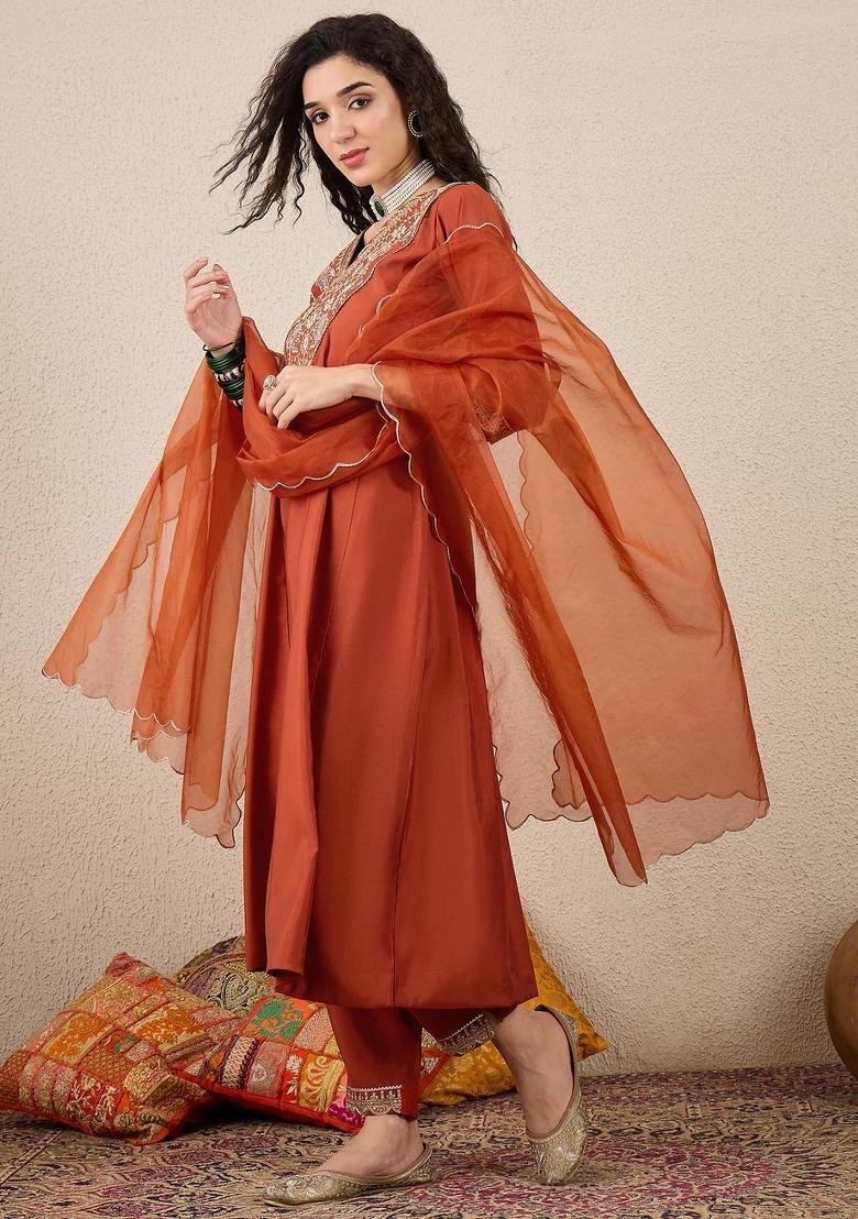 Orange Embroidered Silk Blend Kurta Set - Indya