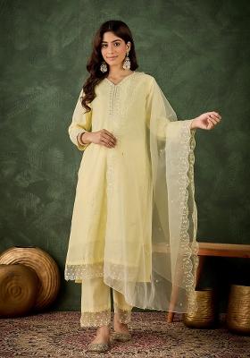 Yellow Embroidered Silk Blend Kurta Set