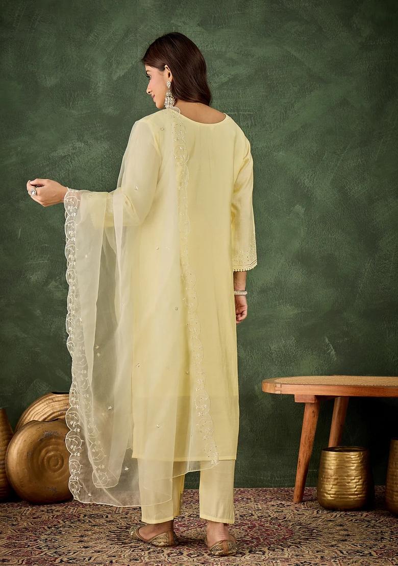 Yellow Embroidered Silk Blend Kurta Set - Indya
