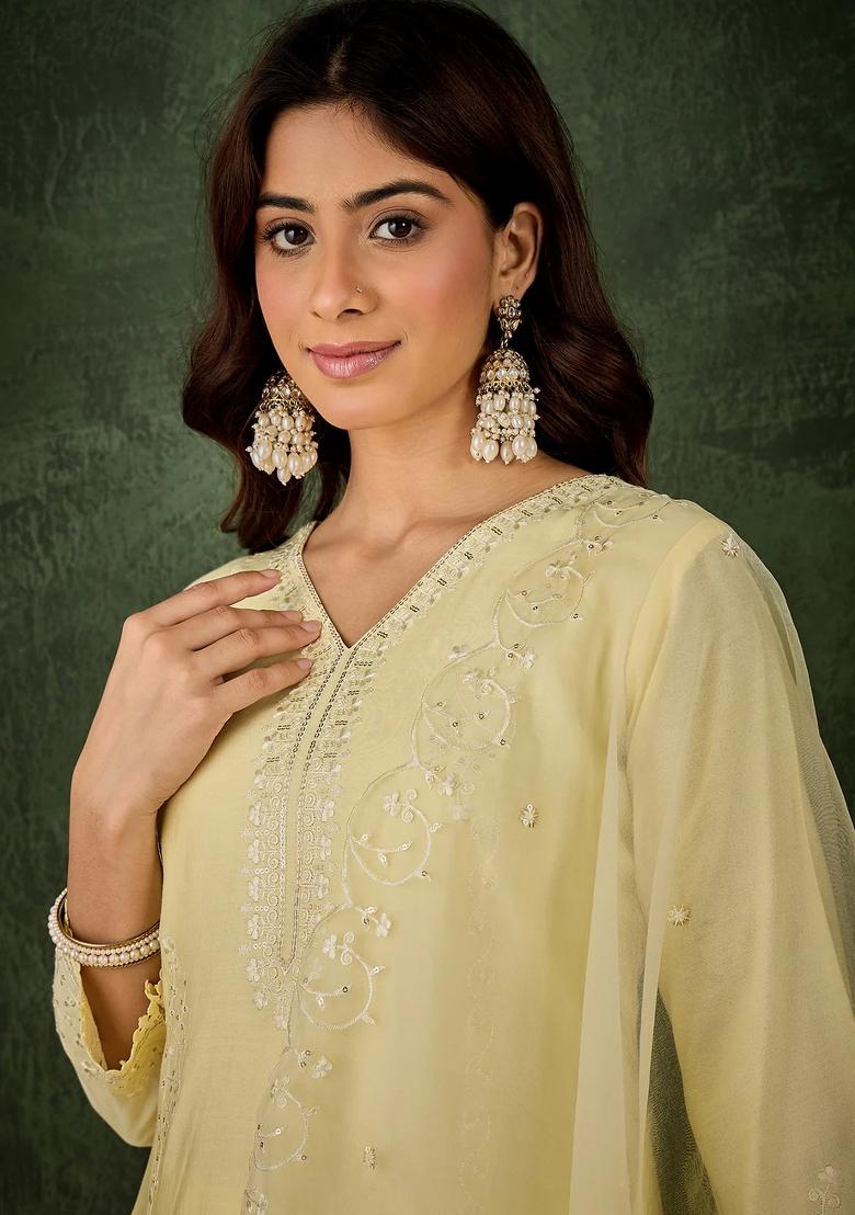 Yellow Embroidered Silk Blend Kurta Set - Indya