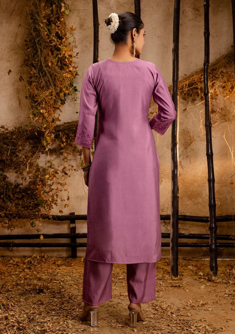 Purple Embroidered Silk Blend Kurta Set - Indya