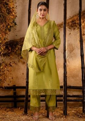 Green Embroidered Silk Blend Kurta Set