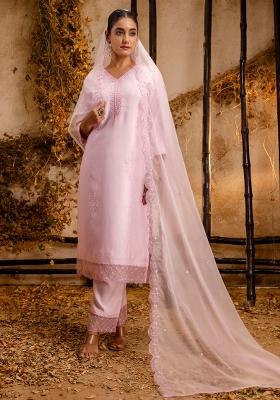 Pink Embroidered Silk Blend Kurta Set