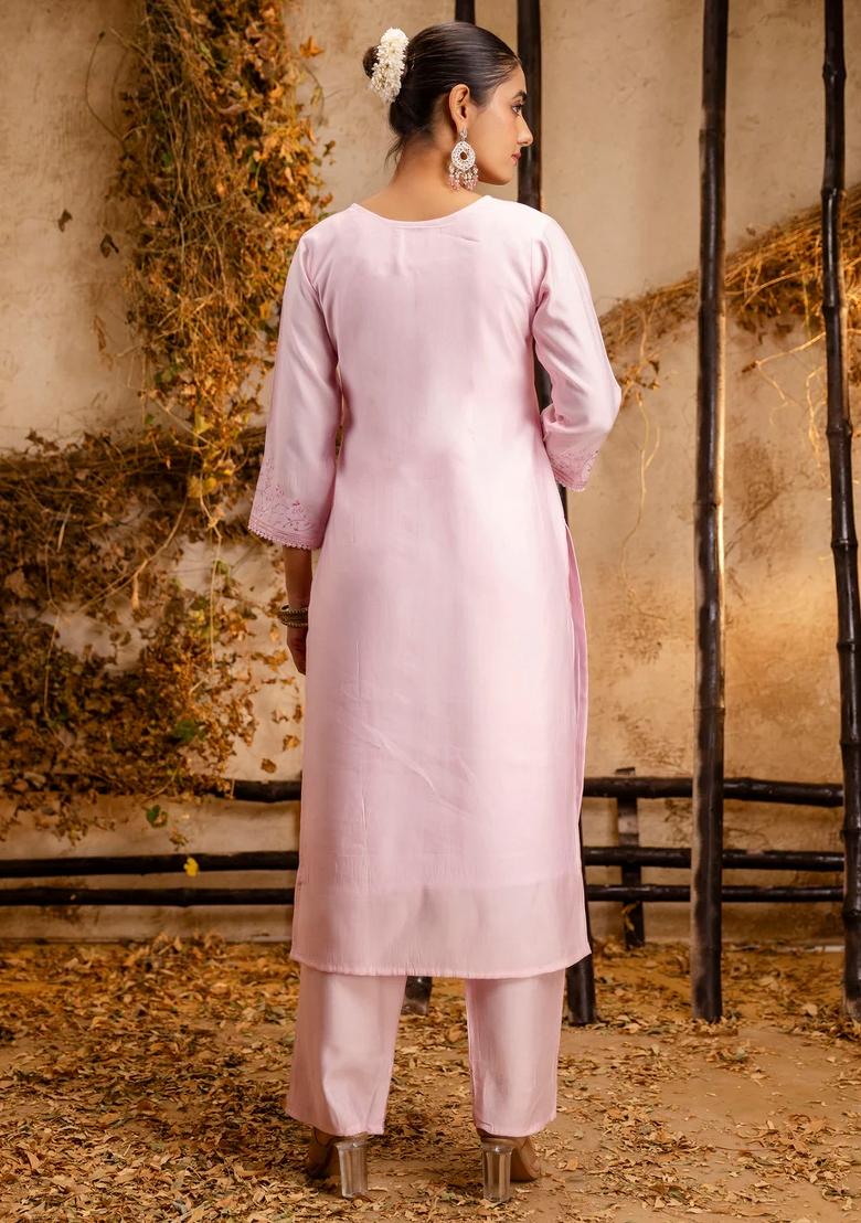 Pink Embroidered Silk Blend Kurta Set - Indya