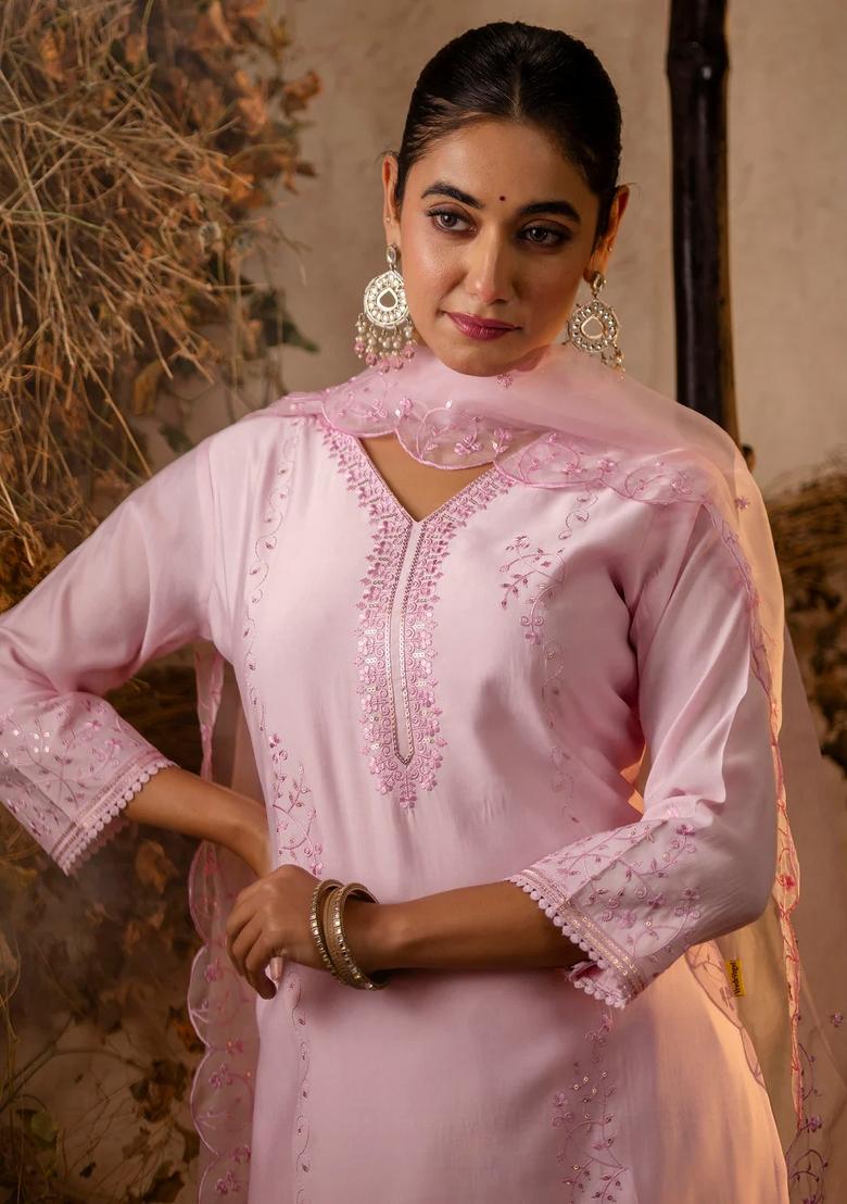 Pink Embroidered Silk Blend Kurta Set - Indya