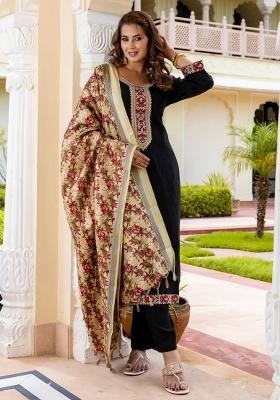 Black Embroidered Silk Blend Kurta Set