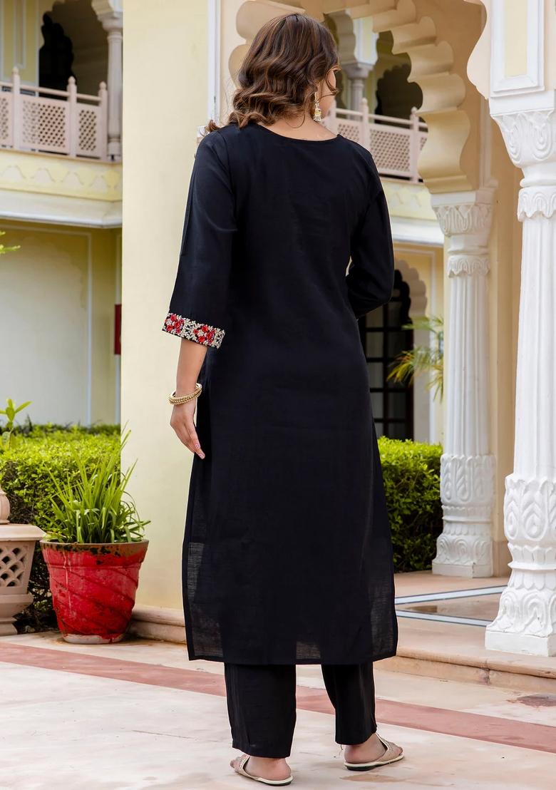 Black Embroidered Silk Blend Kurta Set - Indya