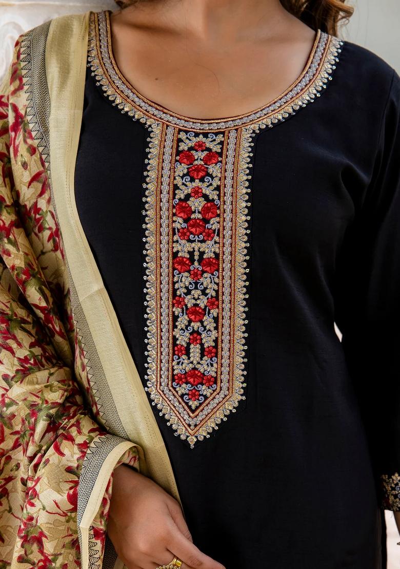 Black Embroidered Silk Blend Kurta Set - Indya