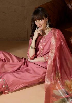 Pink Embroidered Silk Blend Kurta Set